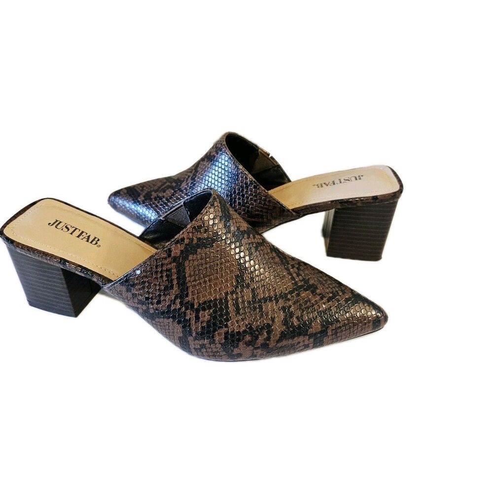 JustFab Brown Snake Print Mule Heels Size 8